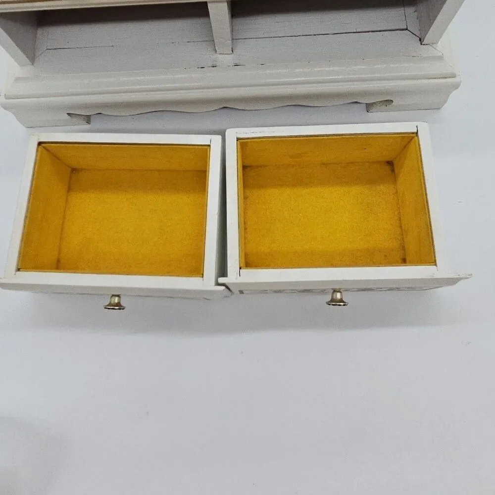 Wooden Jewelry Box White And Gold Filigree Velvet Lined